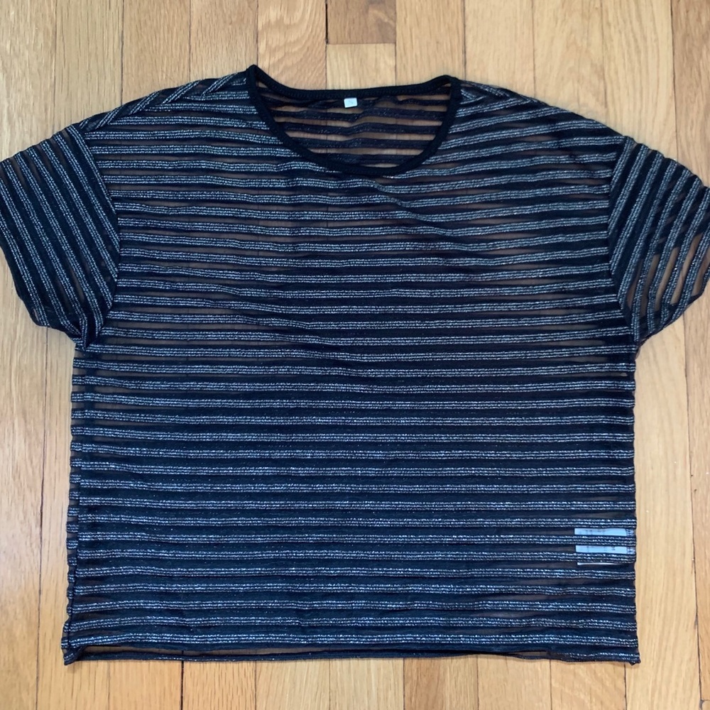 Sparkly, black striped mesh shirt